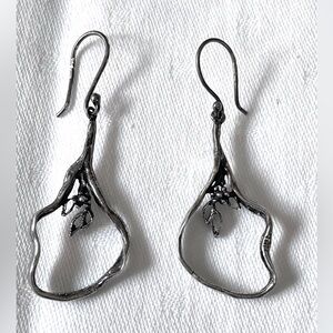 Vintage Silver Toned European Dangly Earrings with Leafy Motif